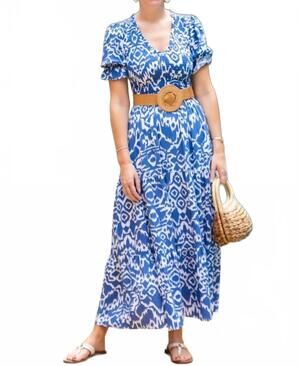 NEW WALKER & WADE nancy dress in denim blue ikat